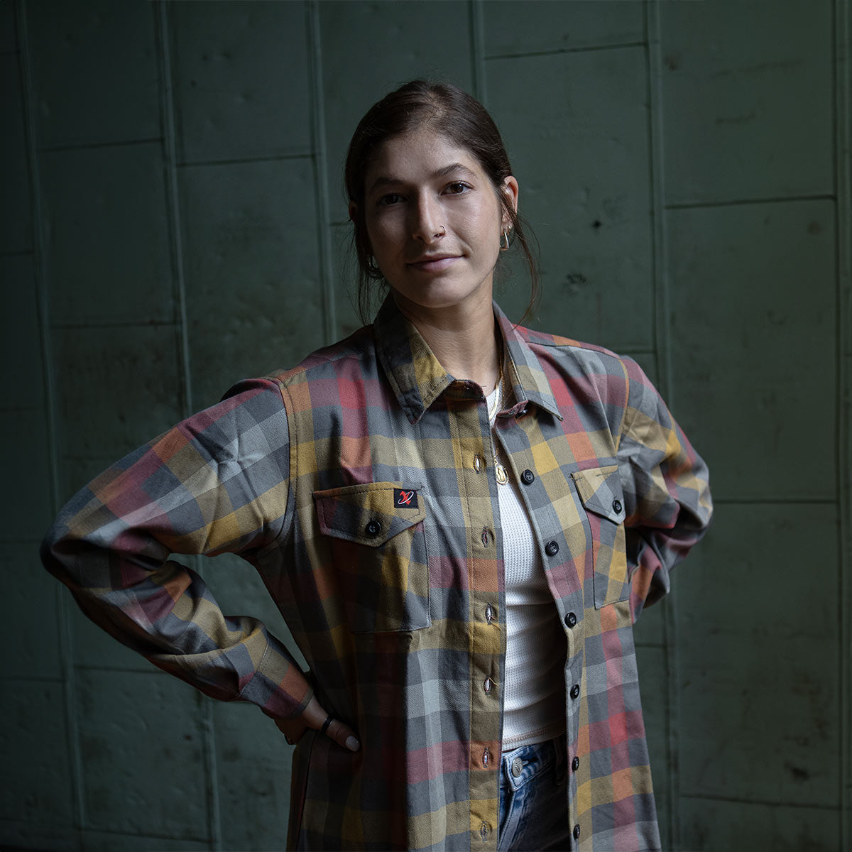 Milwaukee Leather MNG21614 Women's Gray and Red with Yellow Long Sleeve Cotton Flannel Shirt