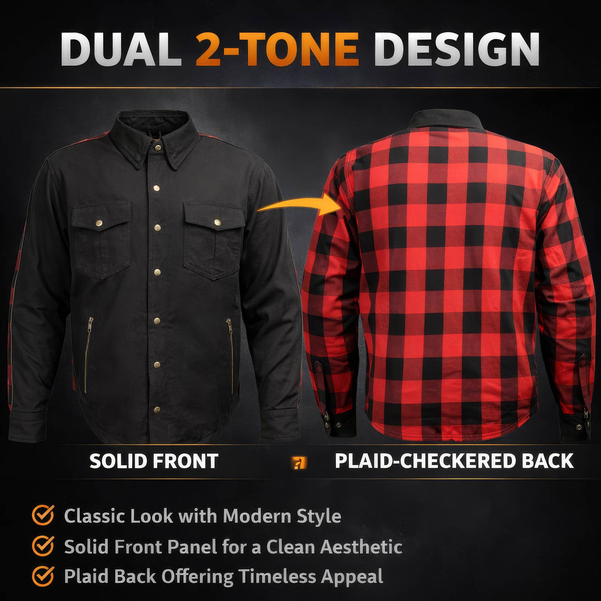 Milwaukee Leather Men’s Two-Tone CE Armored Flannel - Solid Front / Plaid Back - Reinforced w/ Aramid Fibers - MPM1671