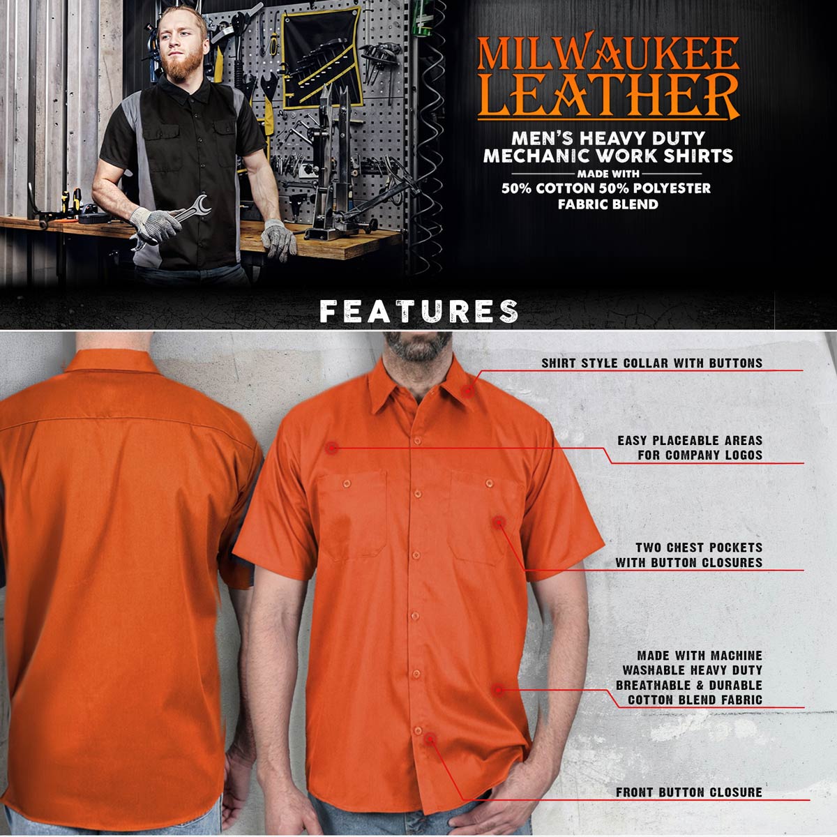 Milwaukee Leather Men’s Orange Classic Mechanic Work Shirt, MDM11686