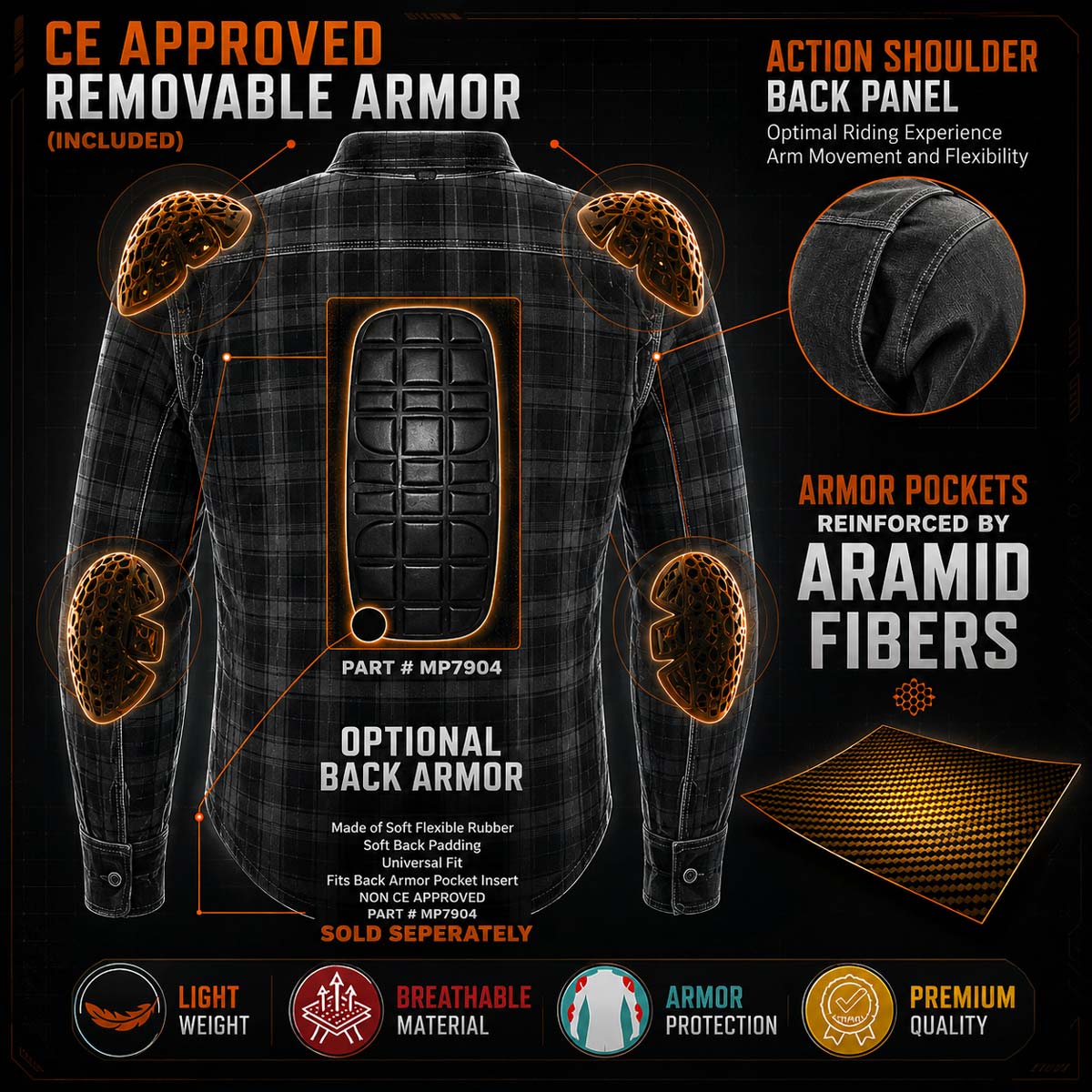 Milwaukee Leather MPM1631 Men's Plaid Flannel Biker Shirt with CE Approved Armor - Reinforced w/ Aramid Fiber