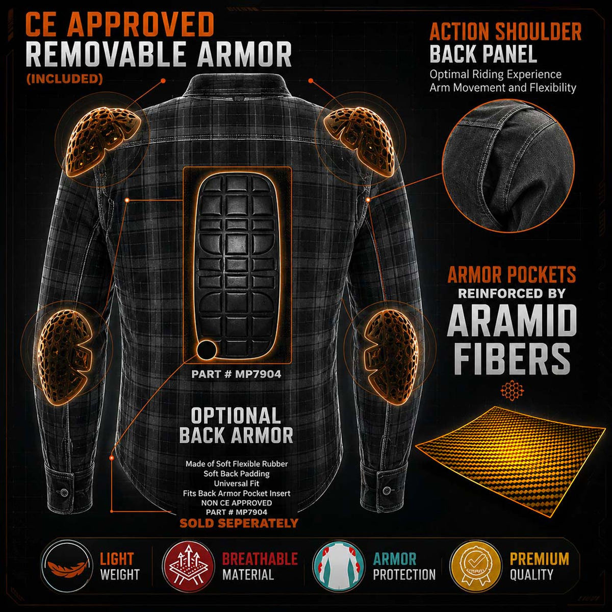 Milwaukee Leather MPM1635 Men’s Armored Riding Flannel – Full Aramid Fiber Lined, CE Shoulder/Elbow Armor