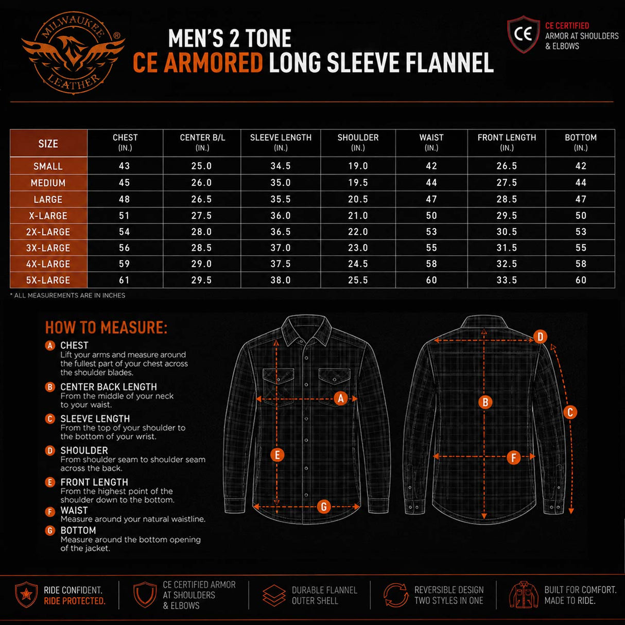 Milwaukee Leather Men’s Two-Tone CE Armored Flannel - Solid Front / Plaid Back - Reinforced w/ Aramid Fibers - MPM1671