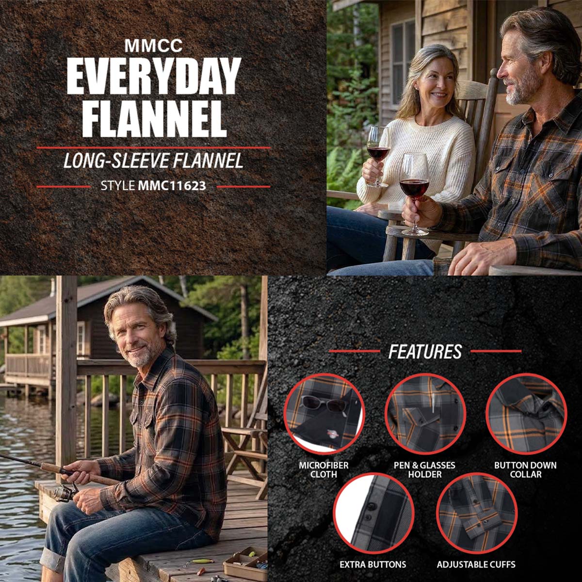 MMCC Burnline Men's Black Gray Orange Plaid Flannel Shirt - 100% Cotton Long Sleeve Button-Up - MMC11623