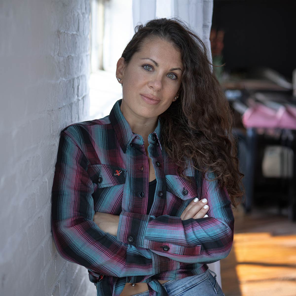 Milwaukee Leather MNG21612 Women's Black and Pink with Blue Long Sleeve Cotton Flannel Shirt
