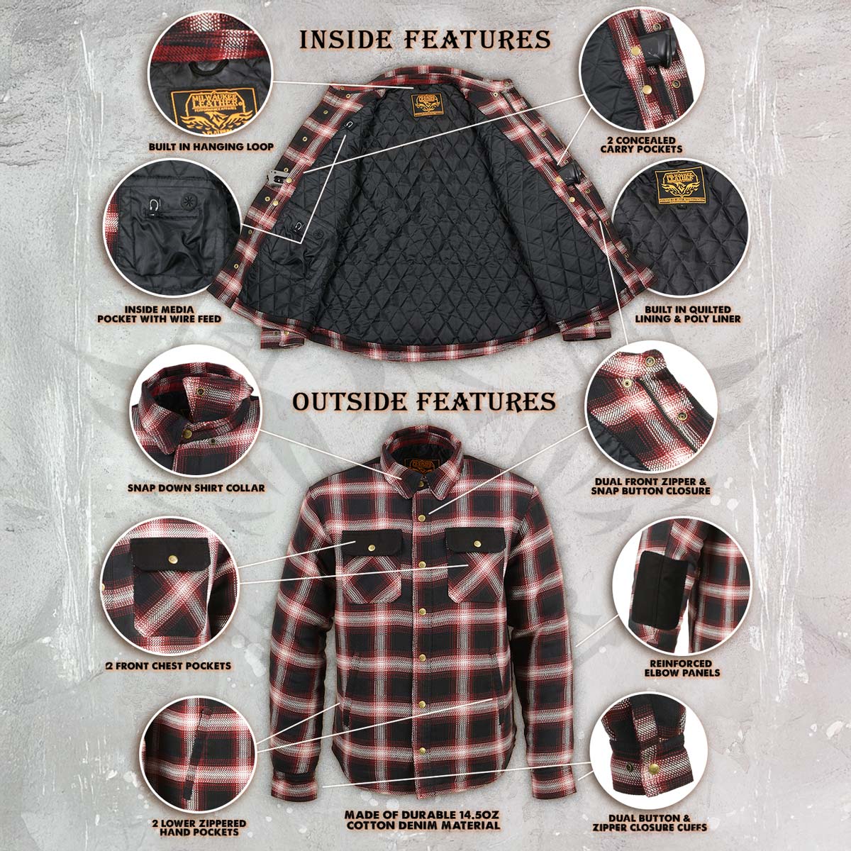 Milwaukee Leather Men's Heavy-Duty Checkered Flannel Riding Shirt - Warm Lined - Zippered Hand Pockets - MPM1637