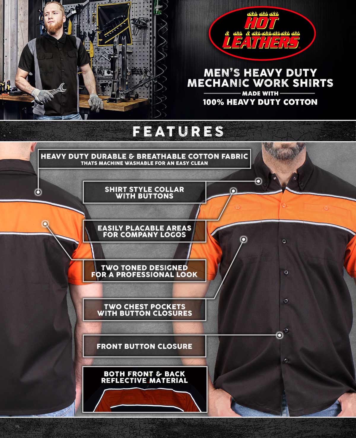 Hot Leathers GMM1004 Men's Classic Mechanic 2-Tone Button Up Work Shirt w/ Reflective Material