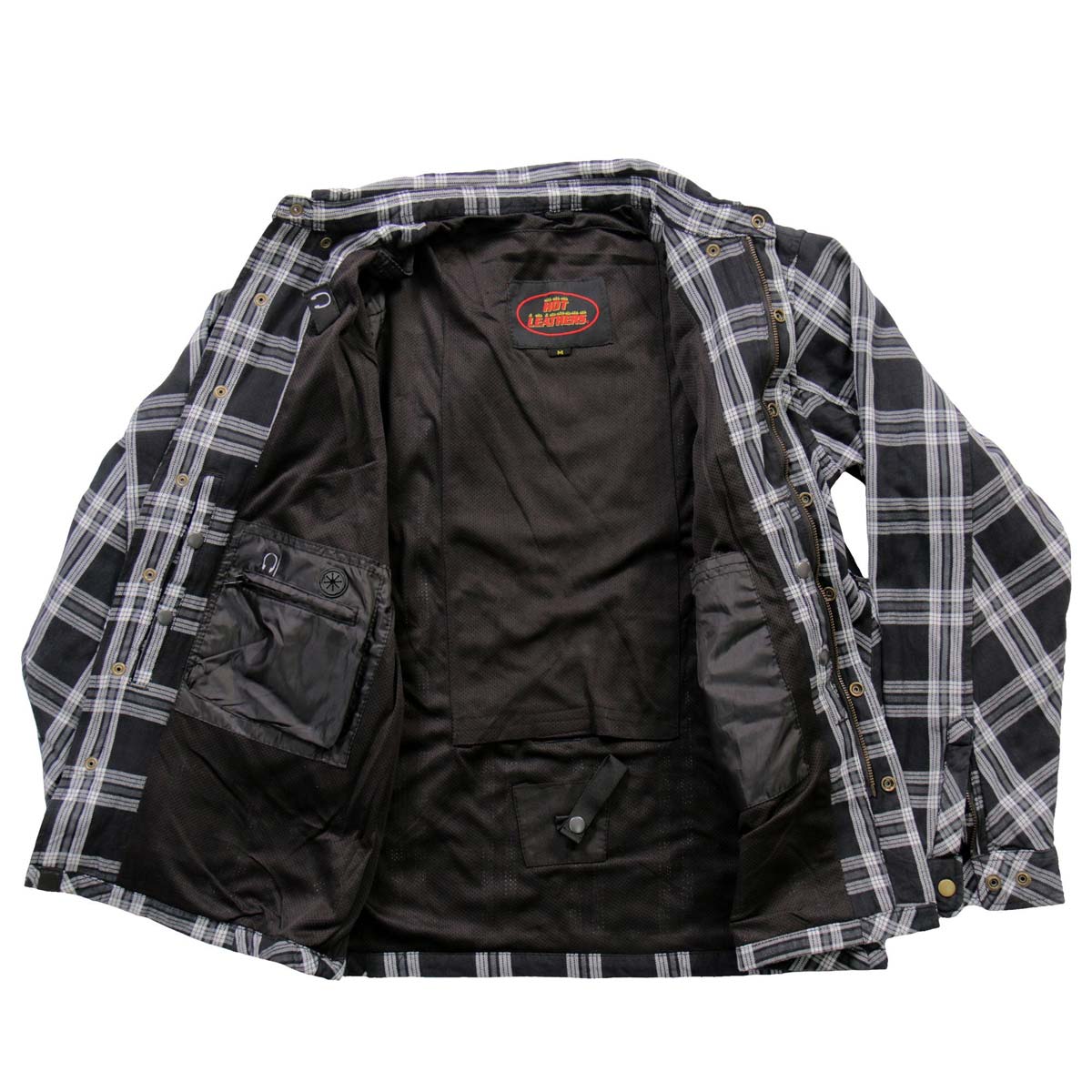 Hot Leathers JKM3002 Men's Black/White CE Armored Flannel Motorcycle Shirt Jacket - Aramid Fiber Reinforced