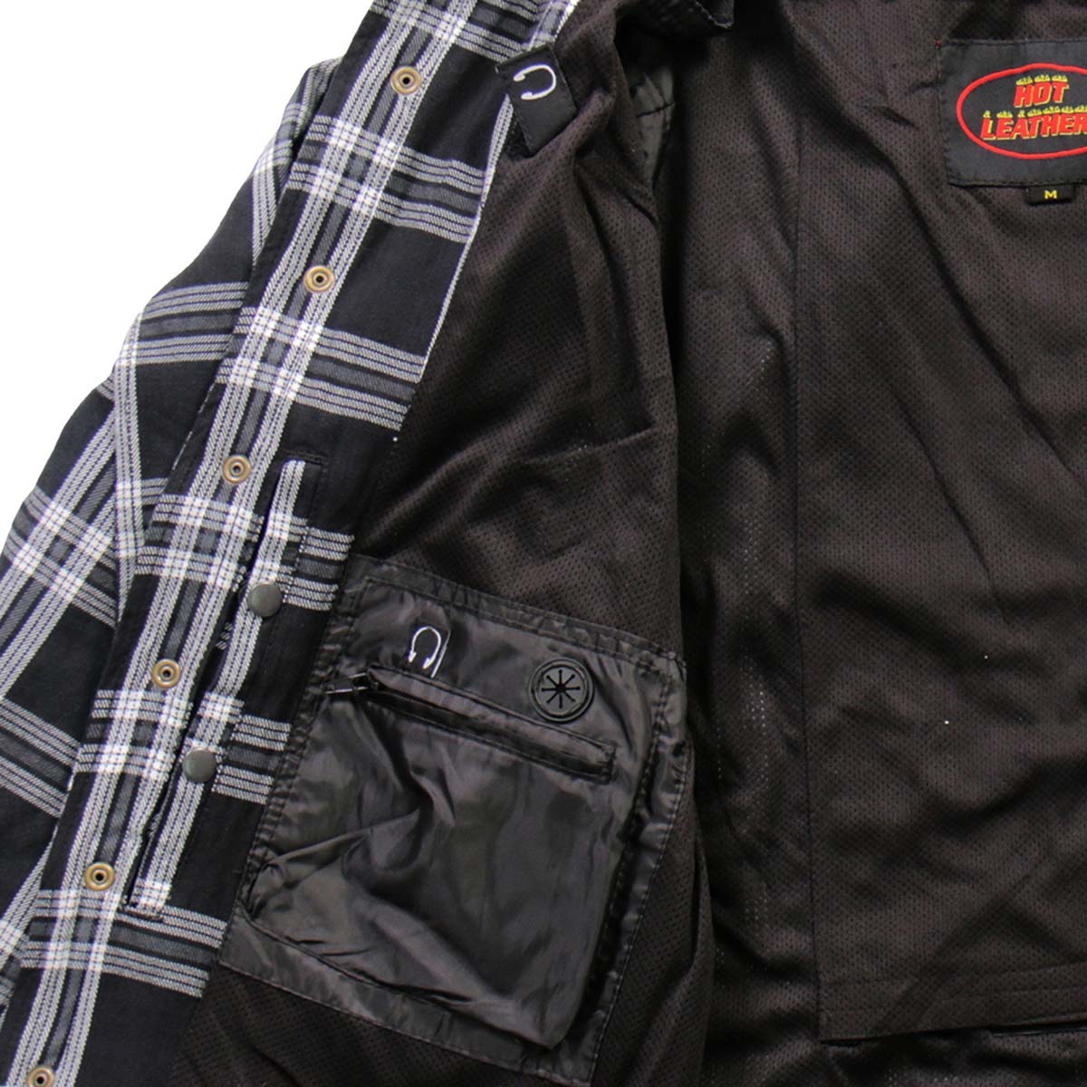 Hot Leathers JKM3002 Men's Black/White CE Armored Flannel Motorcycle Shirt Jacket - Aramid Fiber Reinforced