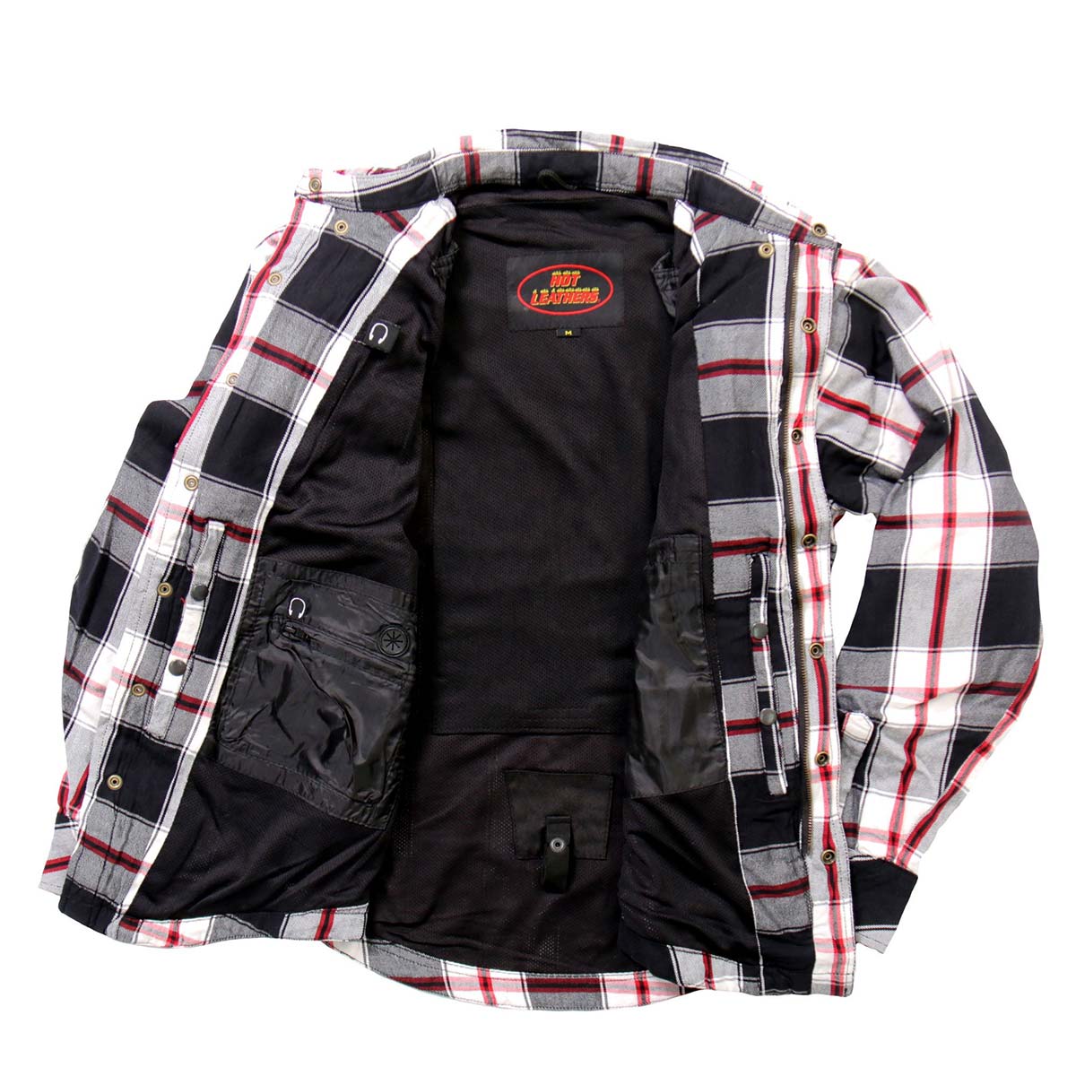 Hot Leathers JKM3001 Men's Red/White CE Armored Flannel Motorcycle Shirt Jacket - Aramid Fiber Reinforced