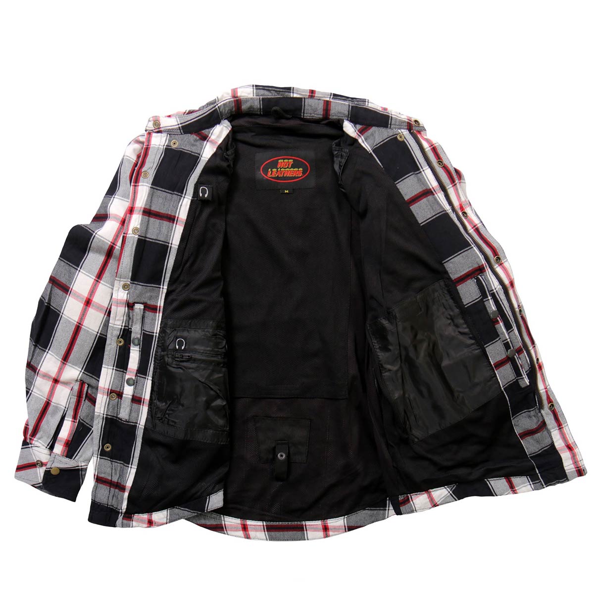 Hot Leathers JKM3001 Men's Red/White CE Armored Flannel Motorcycle Shirt Jacket - Aramid Fiber Reinforced