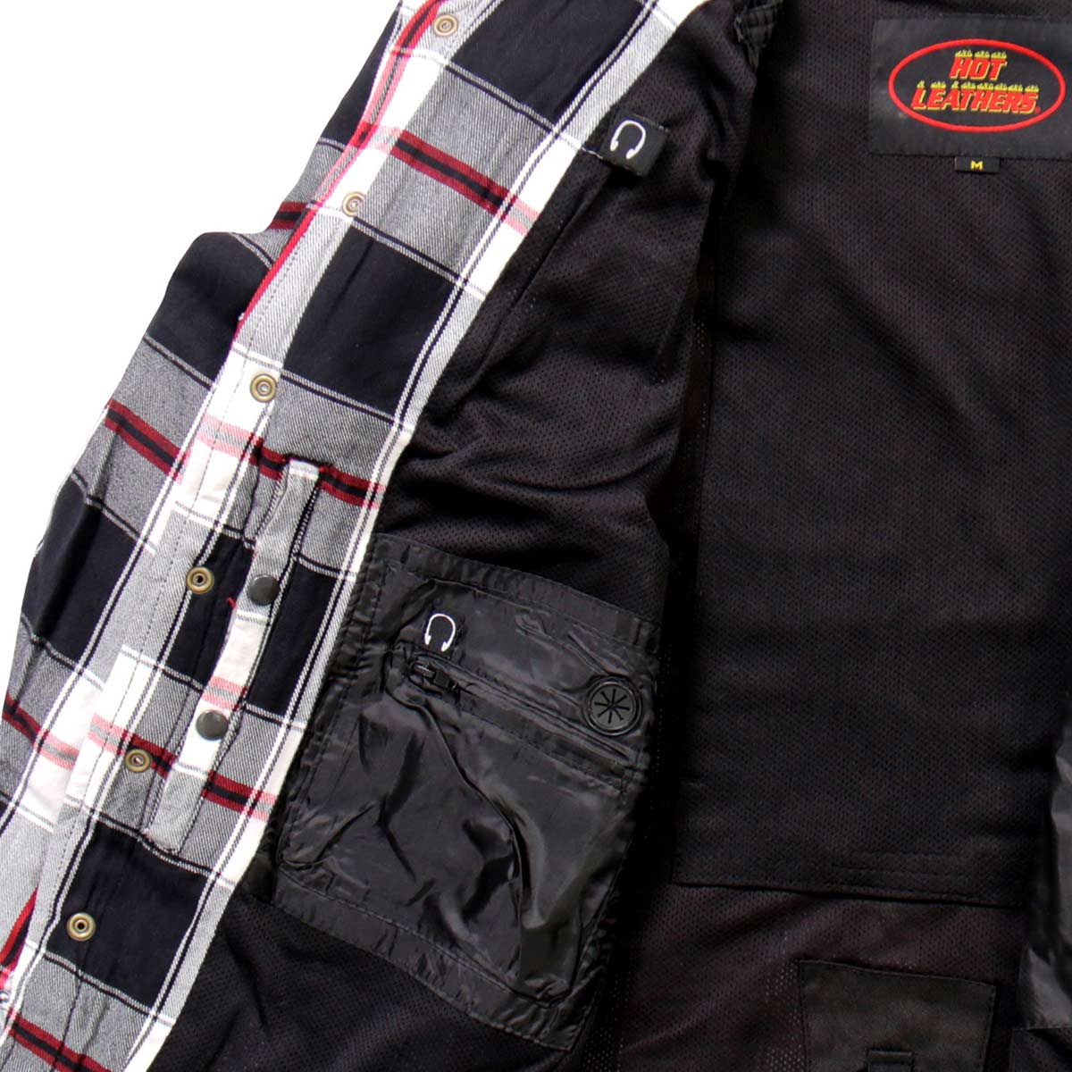 Hot Leathers JKM3001 Men's Red/White CE Armored Flannel Motorcycle Shirt Jacket - Aramid Fiber Reinforced