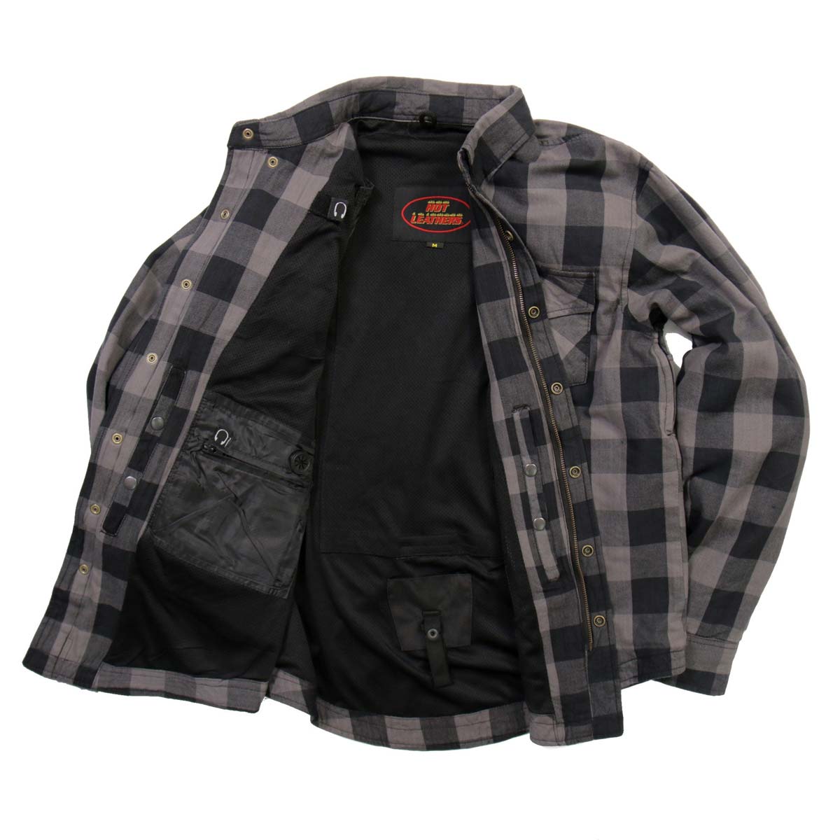 Hot Leathers JKM3004 Men's Grey/Black CE Armored Flannel Motorcycle Shirt Jacket - Aramid Fiber Reinforced
