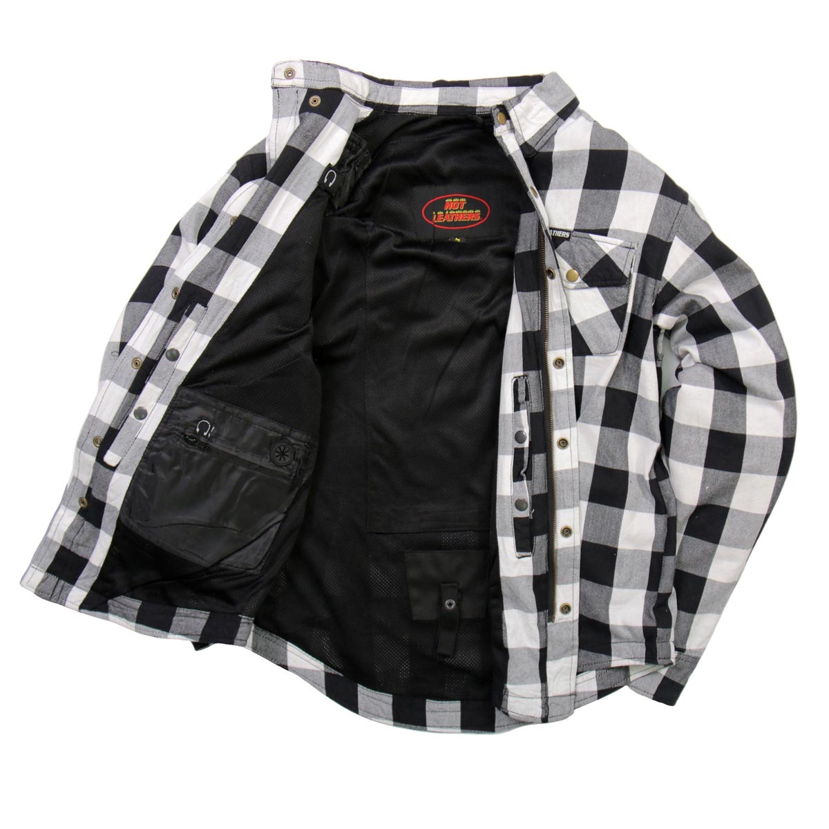 Hot Leathers JKM3005 Men's White/Black CE Armored Flannel Motorcycle Shirt Jacket - Aramid Fiber Reinforced