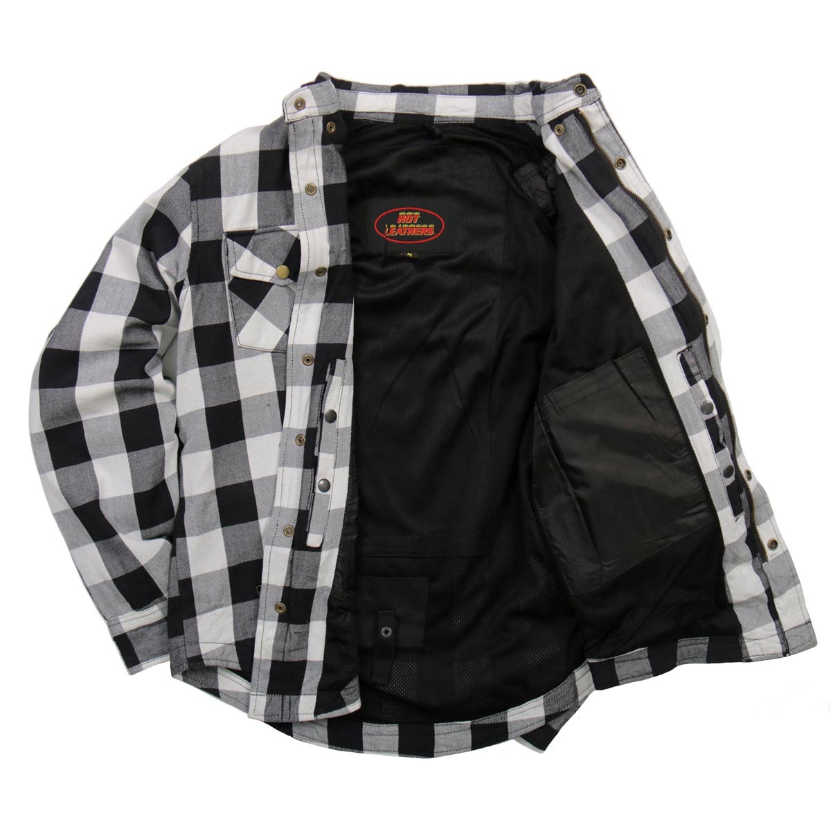Hot Leathers JKM3005 Men's White/Black CE Armored Flannel Motorcycle Shirt Jacket - Aramid Fiber Reinforced