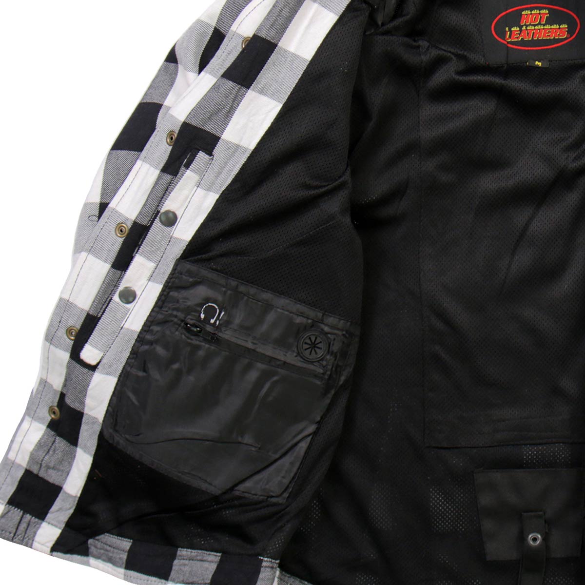 Hot Leathers JKM3006 Men’s Black/White Hooded CE Armored Flannel Motorcycle Shirt Jacket - Aramid Fiber Reinforced