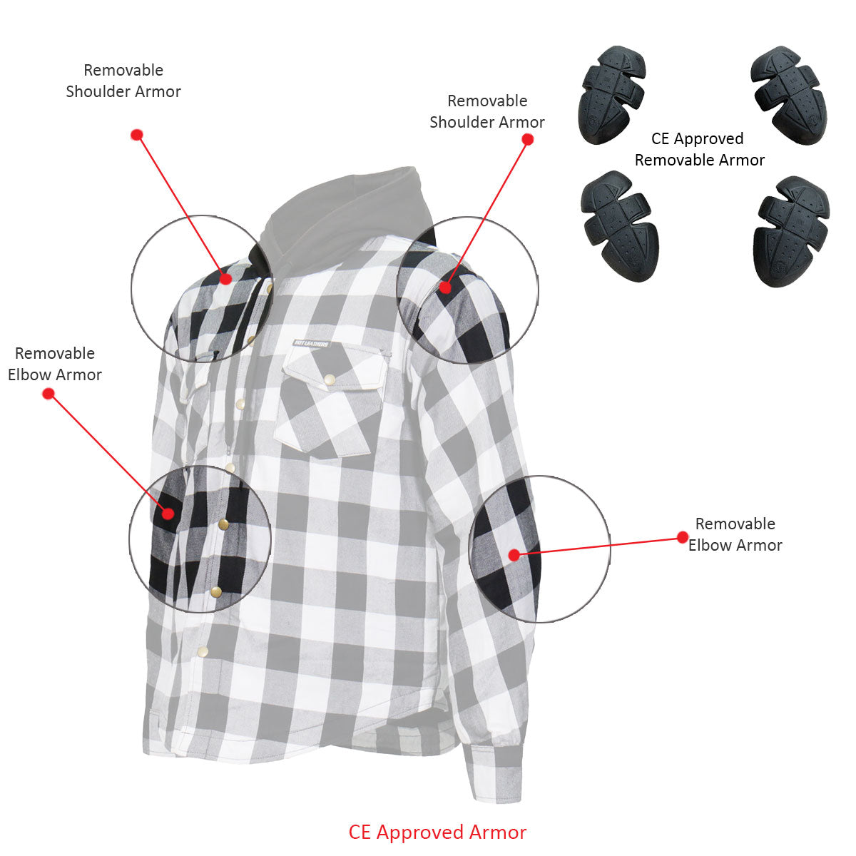 Hot Leathers JKM3006 Men’s Black/White Hooded CE Armored Flannel Motorcycle Shirt Jacket - Aramid Fiber Reinforced