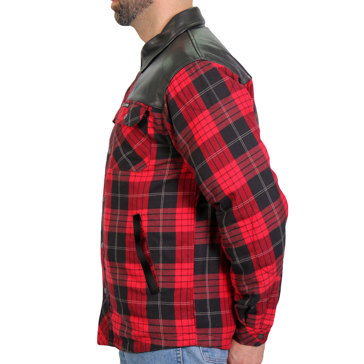 Hot Leathers JKM3201 Men's Red and Black Aramid Fibers Reinforced Leather and Plaid Flannel Shirt