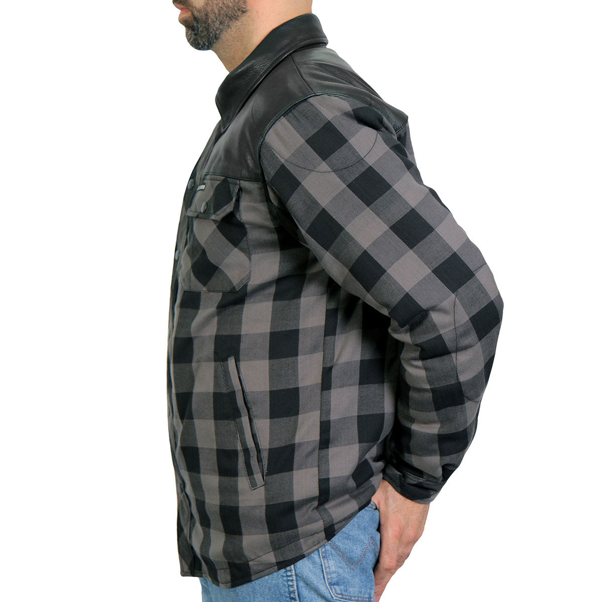 Men's "Black Flag" Grey/Black Armored Motorcycle Flannel Shirt - CE Protection Riding Shirt - JKM3203