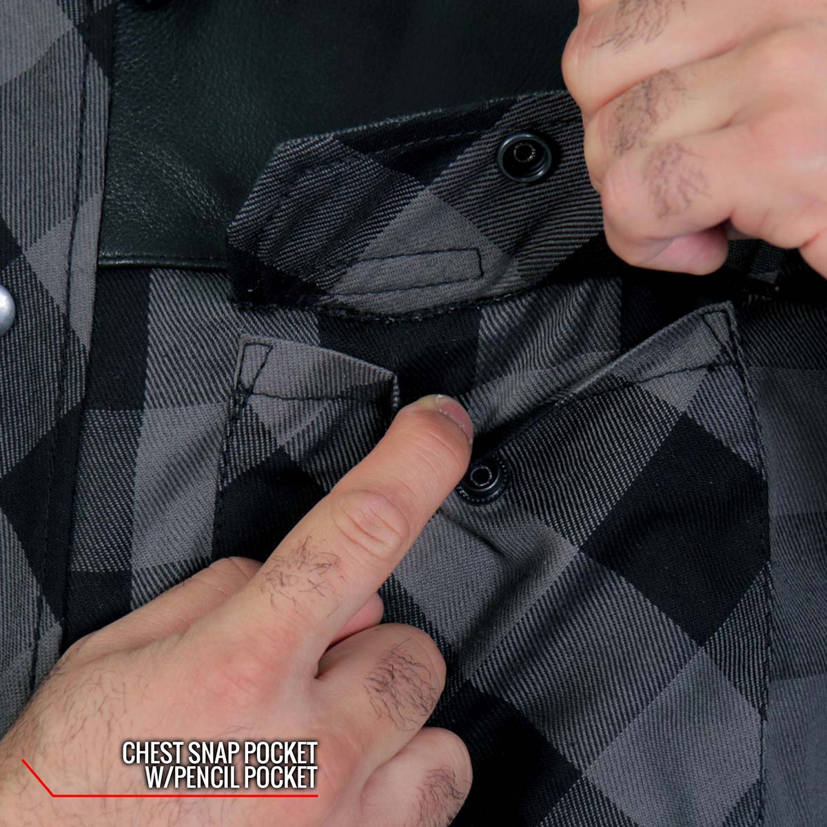 Hot Leathers JKM3203 Men’s CE Armored Flannel Motorcycle Shirt Jacket - Aramid Reinforced w/ Leather Shoulder Panels