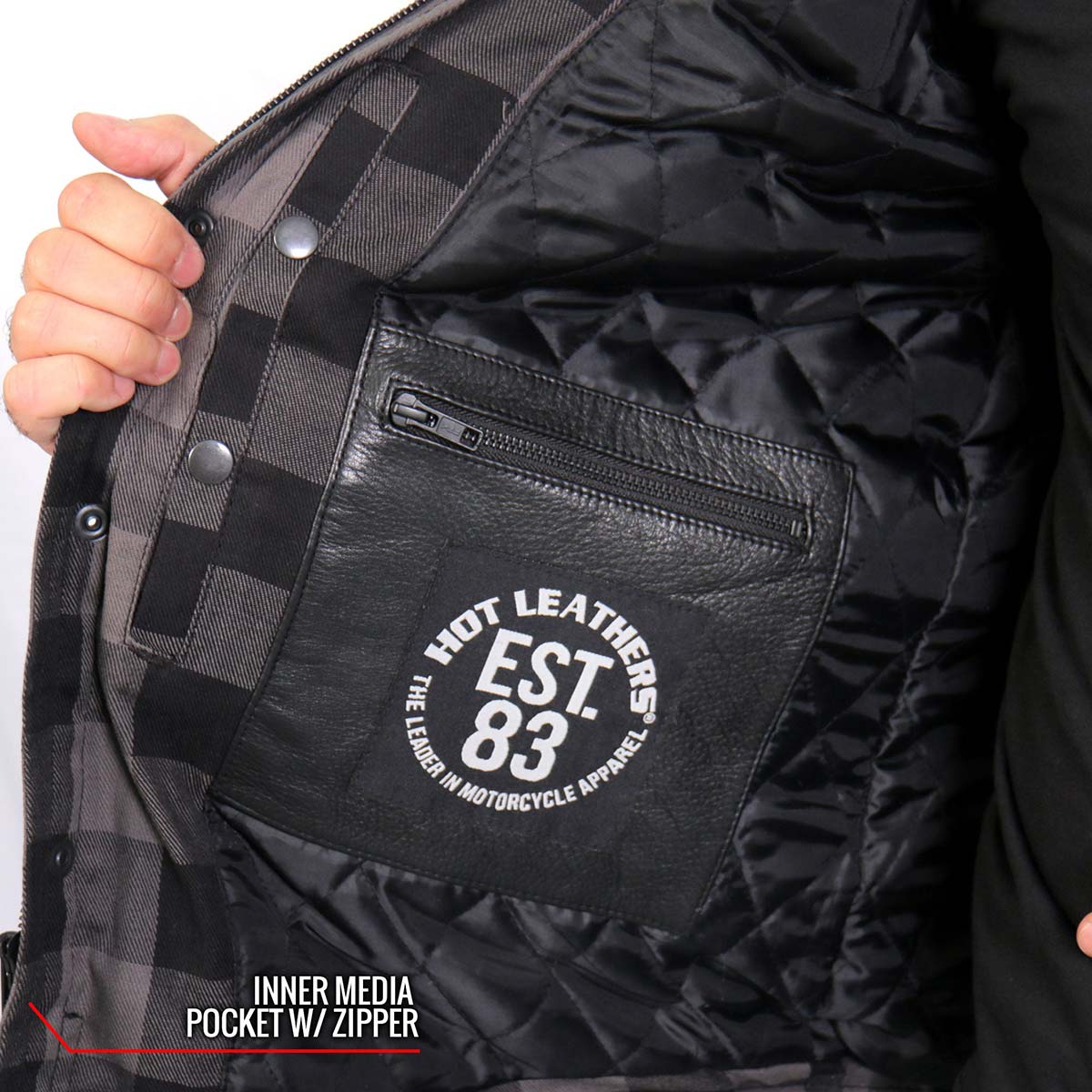 Hot Leathers JKM3203 Men's Grey and Black Aramid Fibers Reinforced Leather and Plaid Flannel Shirt