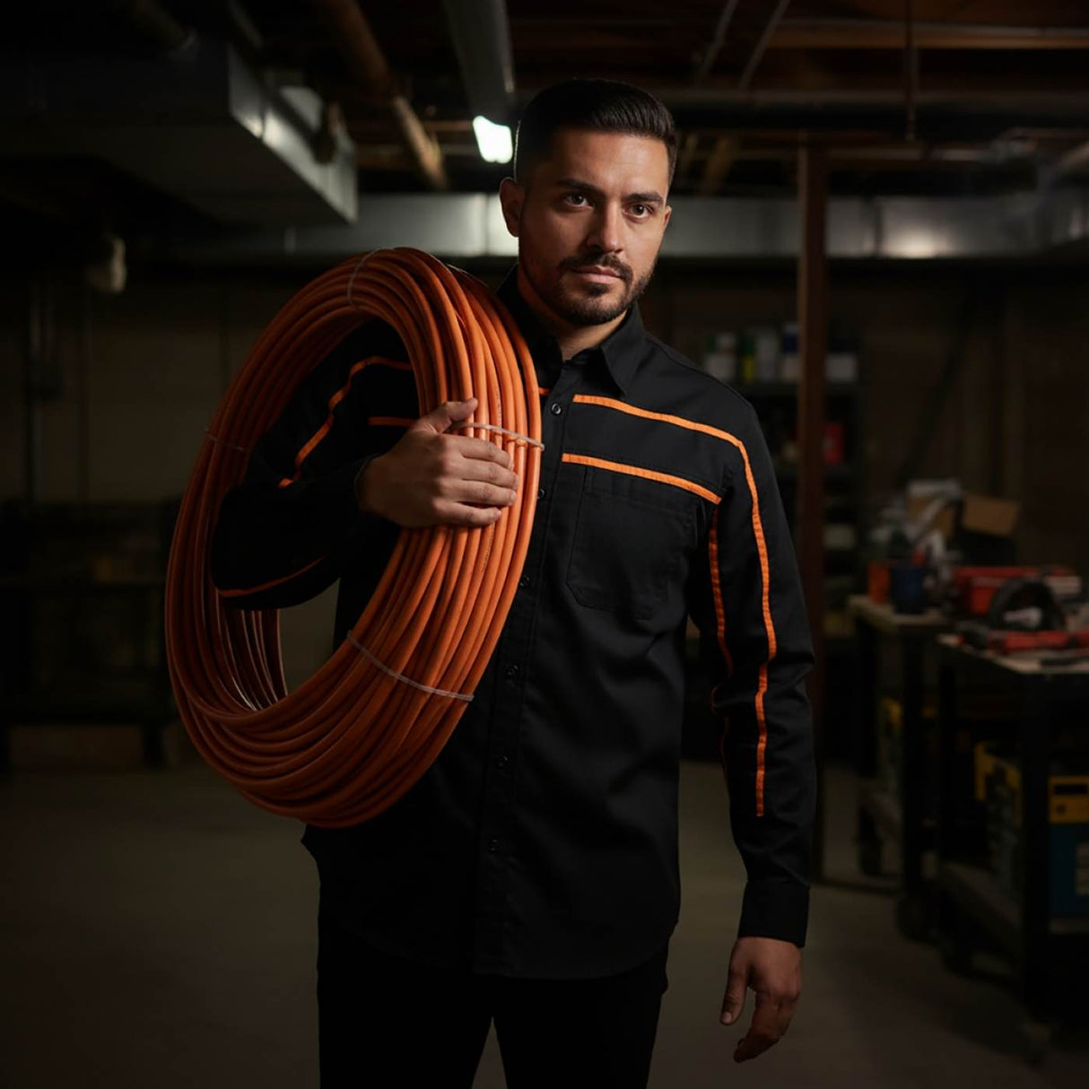 MMCC Men's Octane Long Sleeve Mechanic Shirt - Black with Orange Stripe - 50-50 Cotton Poly - MMCC16003