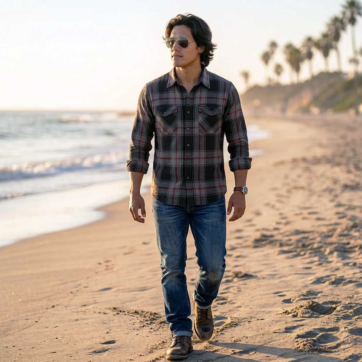 MMCC Blackout Men's Black Gray Red Plaid Flannel Shirt - 100% Cotton Long Sleeve Button-Up - MMC11622