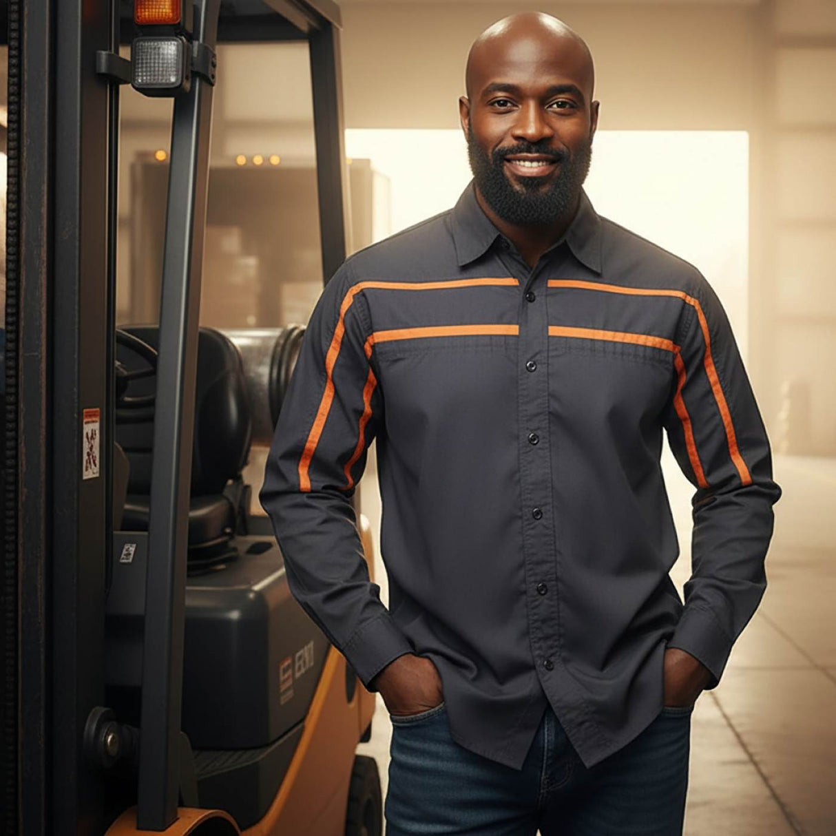 MMCC Men's Octane Long Sleeve Mechanic Shirt - Grey with Orange Stripe - 50-50 Cotton Poly - MMCC16001