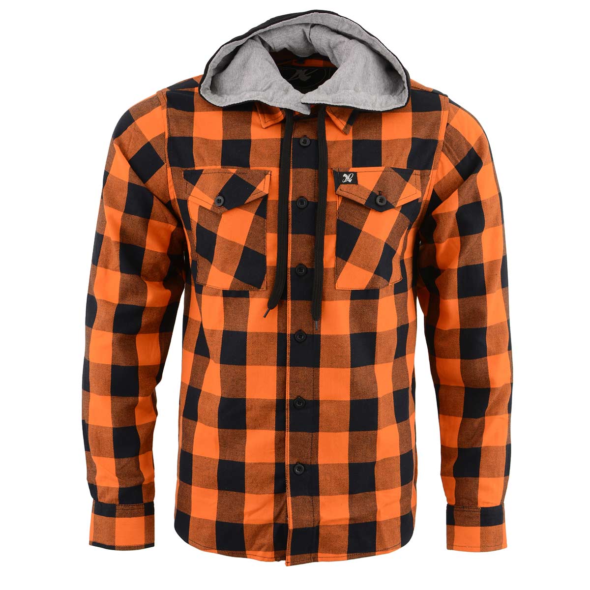 Men's "Saigon" Black/Orange Cotton Button Down Flannel Shirt w/ Hoodie - MNG11642 - by Milwaukee Leather