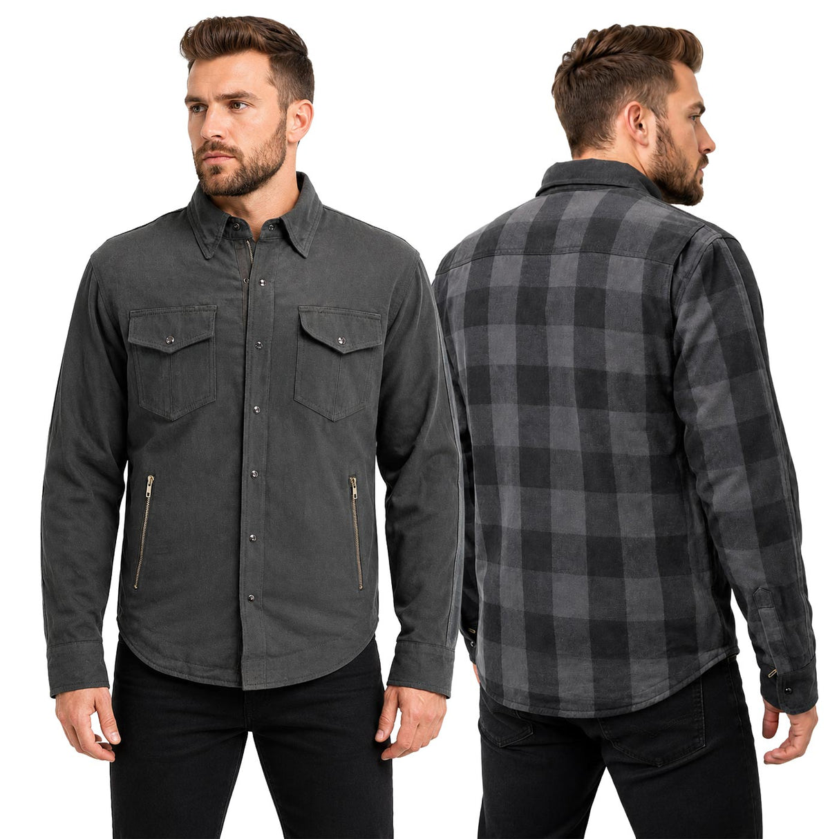 Milwaukee Leather Men’s Two-Tone CE Armored Flannel - Solid Front / Plaid Back - Reinforced w/ Aramid Fibers - MPM1670