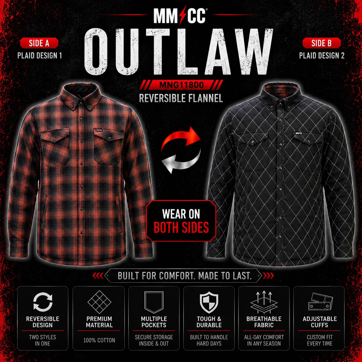 Milwaukee Motorcycle Clothing Co. Men's Reversible Plaid Flannel Shirt