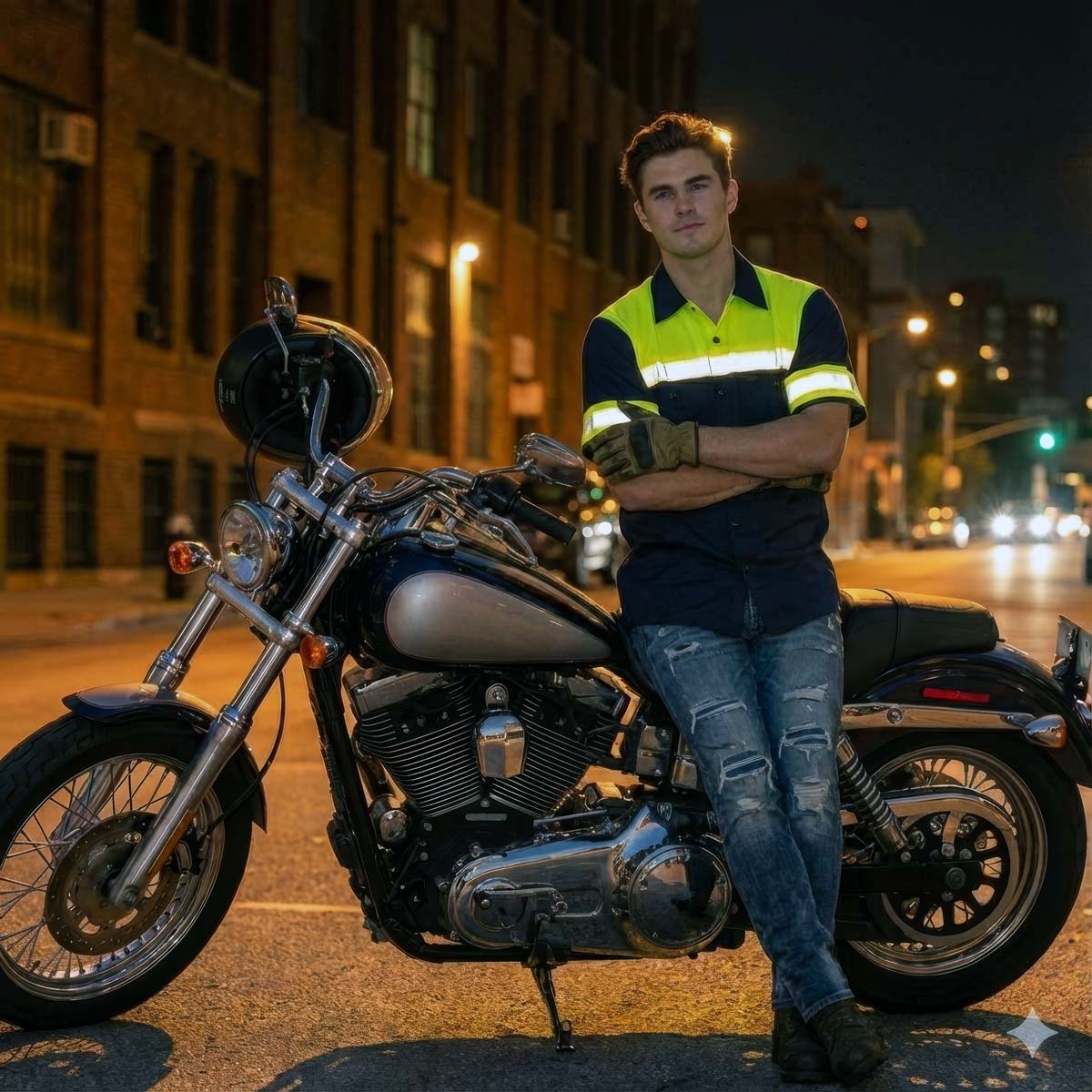 Milwaukee Motorcycle Clothing Co. Men’s Safeway Green/BlueMechanic Rider Ready Shirt w/ Reflective Strip MDM11614