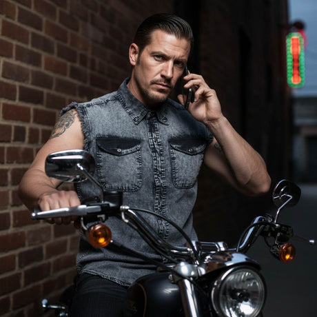 Milwaukee Leather MDM11678 Men’s Classic Grey Button-Down Cut Off Frayed Sleeveless Casual Shirt