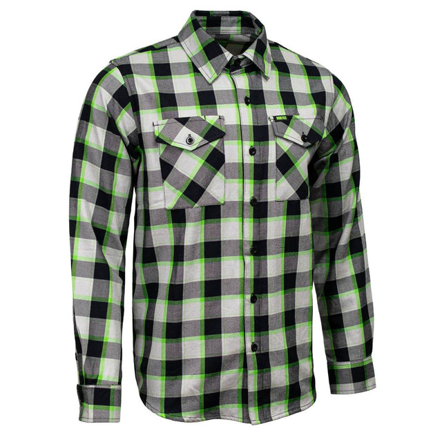 MMCC Men's Radioactive Black Gray Green Plaid Long Sleeve Flannel Shirt - Button-Up - MMC11602