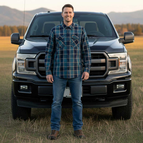 MMCC The Kraken Men's Blue Teal Orange Plaid Flannel Shirt - 100% Cotton Long Sleeve Button-Up - MMC11600