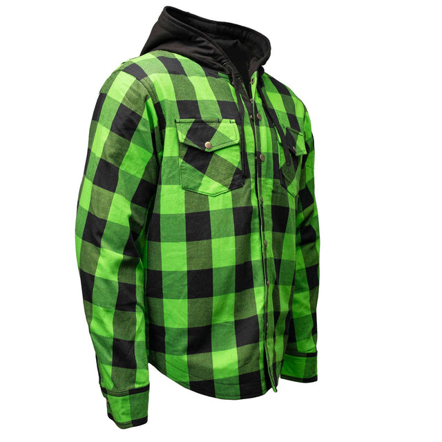 Milwaukee Leather Men’s Titans Green and Black Plaid Hooded Riding Shirt w/ CE Armor & Aramid Fiber Panels - MPM1659