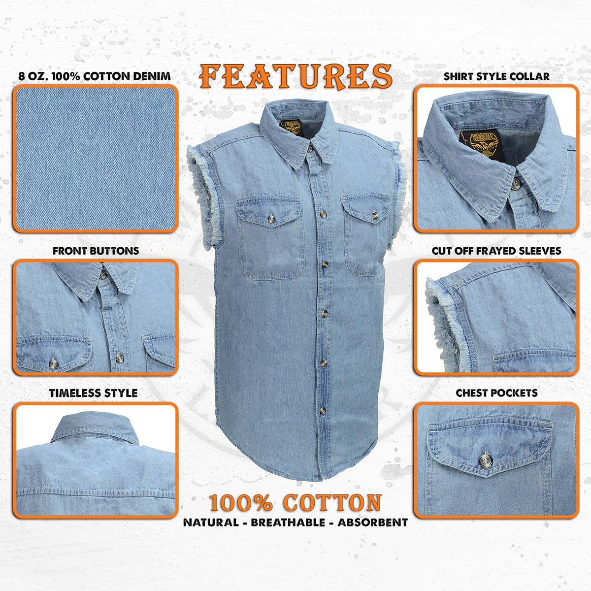 Milwaukee Leather DM1001 Men's Blue Lightweight Denim Shirt with Frayed Cut Off Sleeveless Look