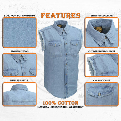 Milwaukee Leather DM1001 Men's Blue Lightweight Denim Shirt with Frayed Cut Off Sleeveless Look