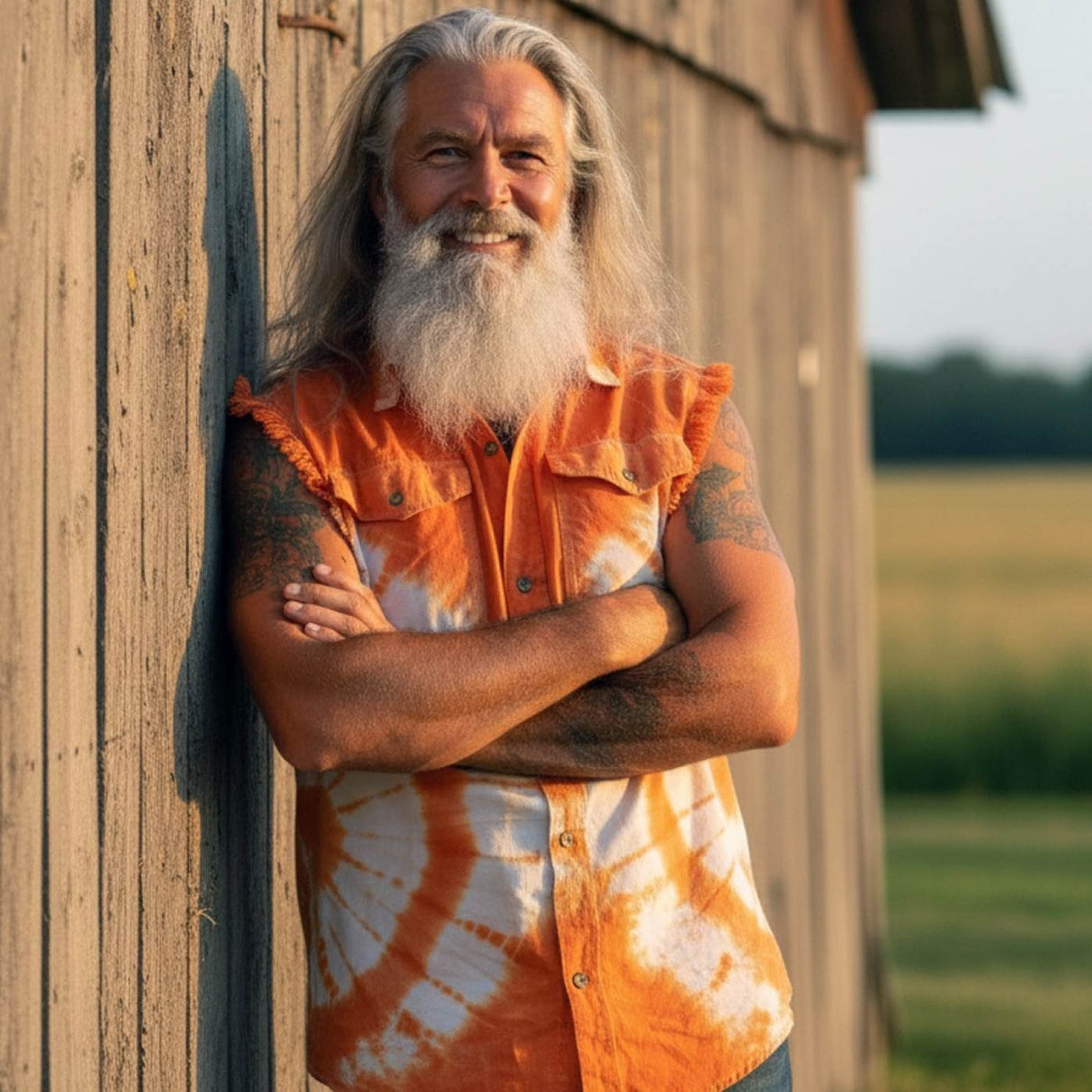 Biker Clothing Co. MDM11680 Men's Classic Orange and White Tie-Dye Button-Down Frayed Sleeveless Cut Off Shirt