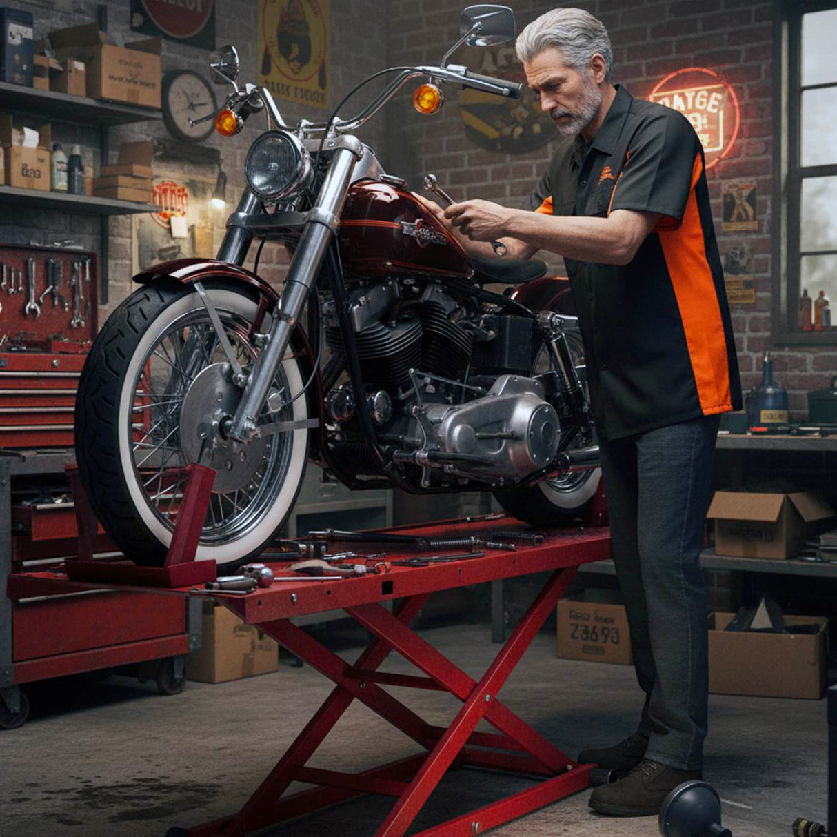 Biker Clothing Co. MDM11676 Men’s Black-Orange Button-Up Heavy-Duty Work Shirt - Classic Mechanic Shirt w/ Pockets