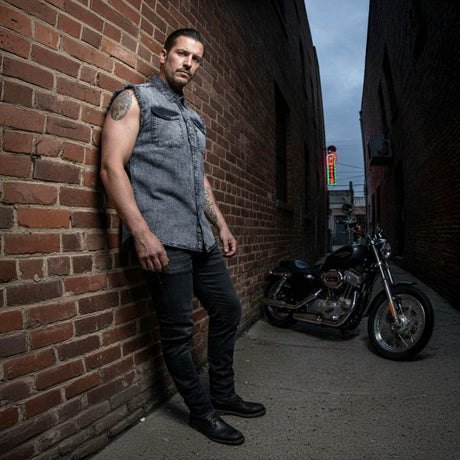 Milwaukee Leather MDM11678 Men’s Classic Grey Button-Down Cut Off Frayed Sleeveless Casual Shirt