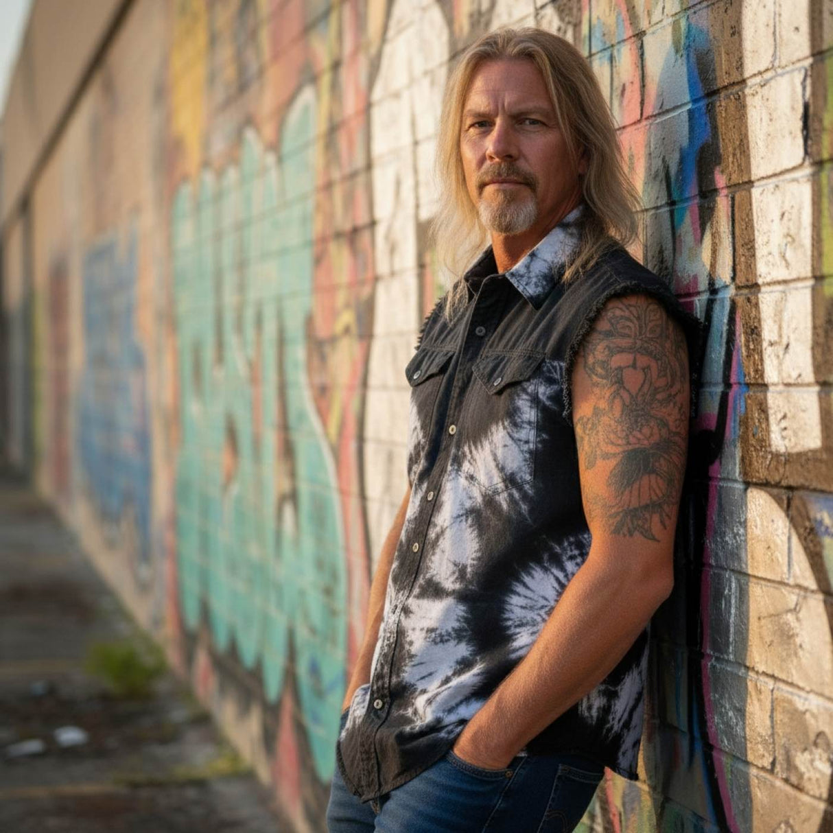 Biker Clothing Co. MDM11679 Men's Classic Black and White Tie-Dye Button-Down Frayed Sleeveless Cut Off Shirt