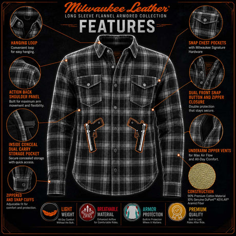 Milwaukee Leather Men's Armored Long Sleeve Flannel Biker Shirt, MPM1645