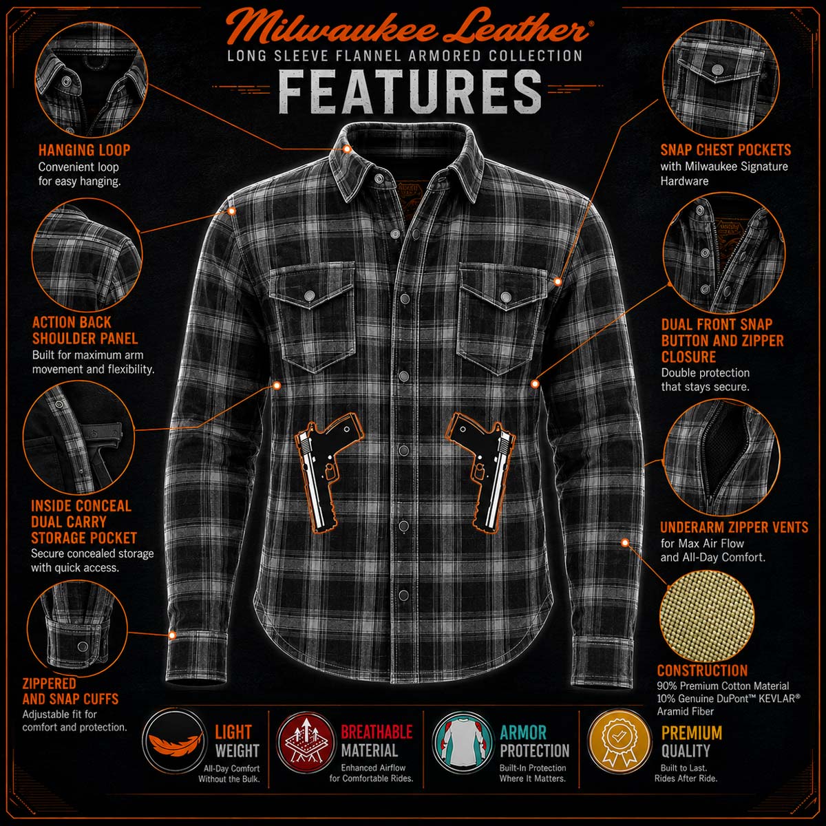 Milwaukee Leather MPM1653 Men's Plaid Flannel Biker Shirt with CE Approved Armor - Reinforced w/ Aramid Fibers