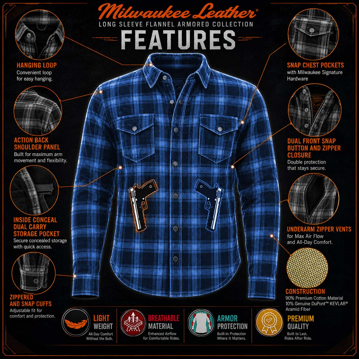 Milwaukee Leather Men's Plaid Flannel Blue Biker Shirt with CE Approved Armor Reinforced w/Aramid Fiber MPM1634