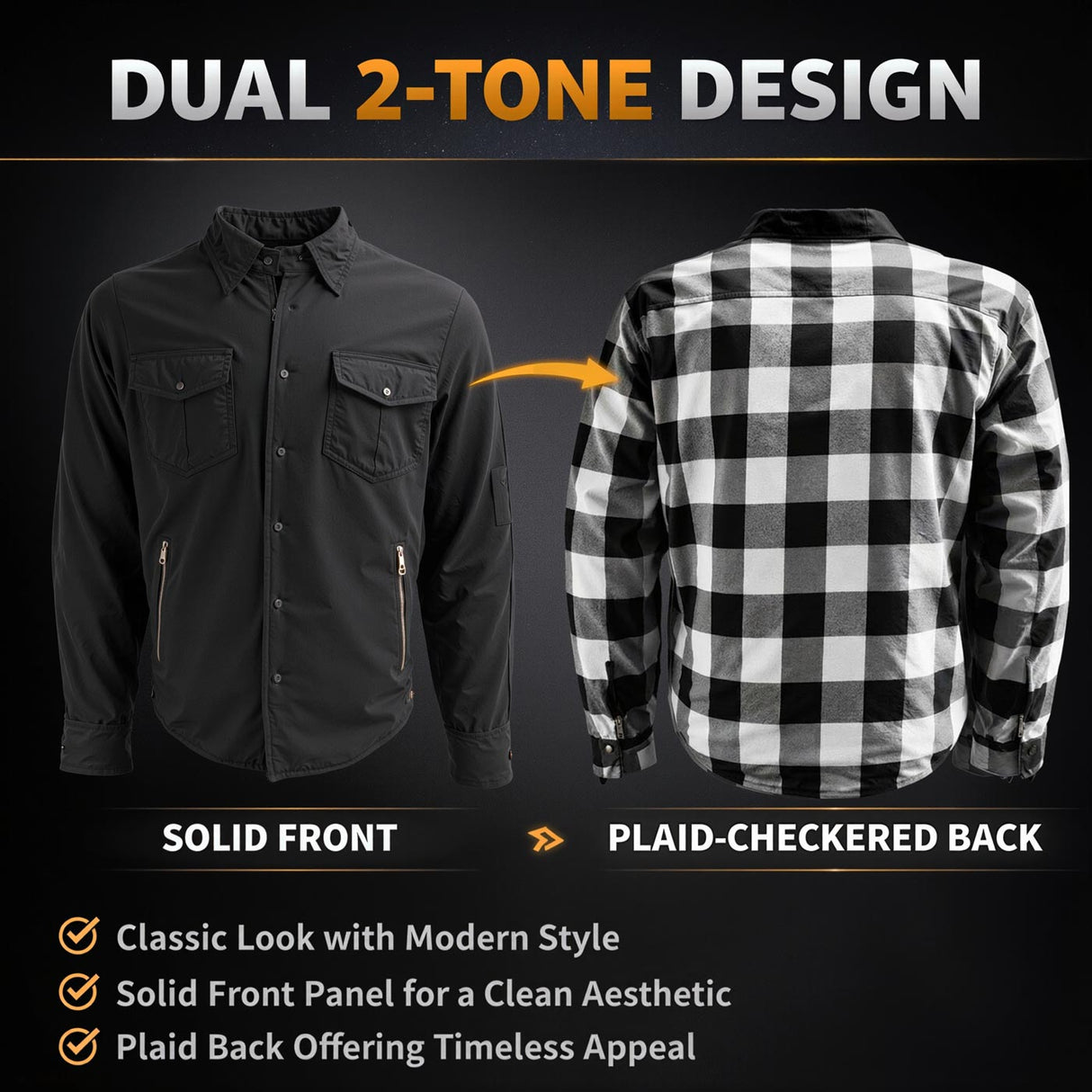 Milwaukee Leather Men’s Two-Tone CE Armored Flannel - Solid Front / Plaid Back - Reinforced w/ Aramid Fibers - MPM1673