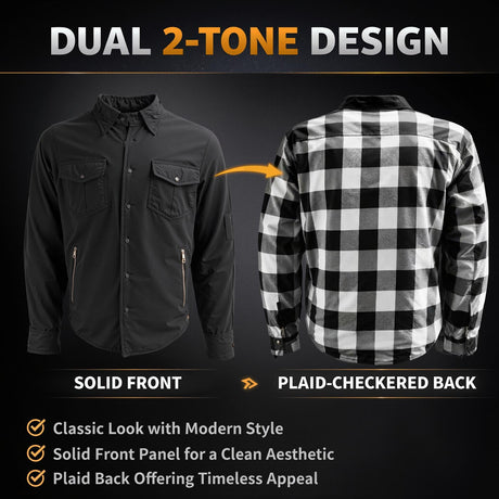 Milwaukee Leather Men’s Two-Tone CE Armored Flannel - Solid Front / Plaid Back - Reinforced w/ Aramid Fibers - MPM1673
