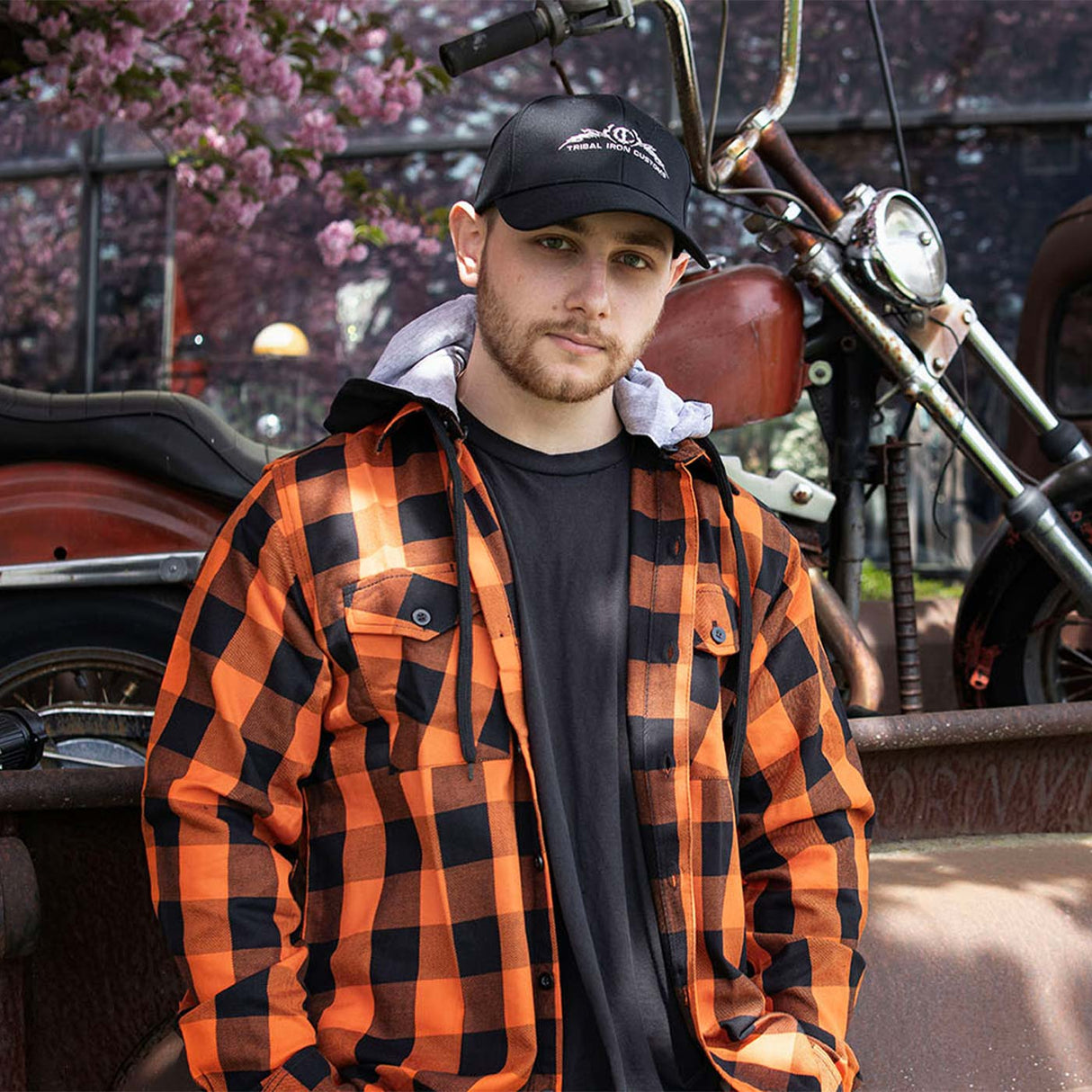 Milwaukee Leather MNG11642 Men's Flannel Plaid Orange and Black Long Sleeve Cotton Button Down Shirt w/ Hoodie