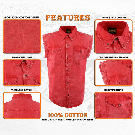 Milwaukee Leather MDM11681 Men’s Classic Red Button-Down Cut Off Frayed Sleeveless Casual Shirt