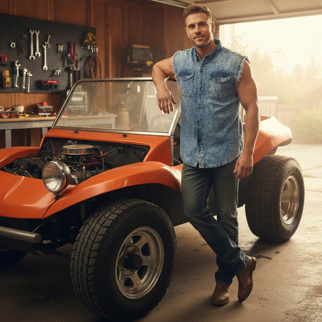 Milwaukee Leather MDM11684 Men’s Classic Light Blue Button-Down Cut Off Frayed Sleeveless Casual Shirt