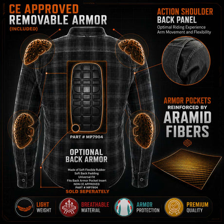 Milwaukee Leather Men's Plaid Flannel Blue Biker Shirt with CE Approved Armor Reinforced w/Aramid Fiber MPM1634